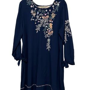 Kaktus Blue Boho Long-sleeve Rayon Embroidered Dress Size Large